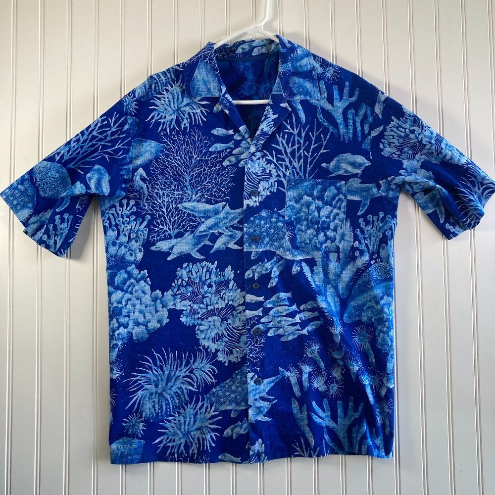 Ocean Life Dolphins Fish Handmade Blue Aloha Hawaiian Shirt Mens Medium